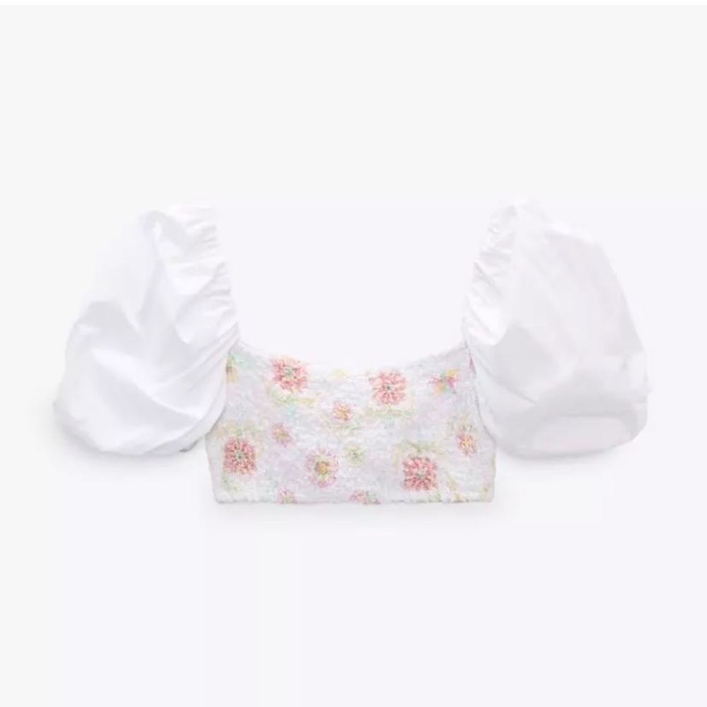 Zara Puff Sleeve floral smocked poplin top white Puff Sleeve Crop Top - Picture 3 of 5